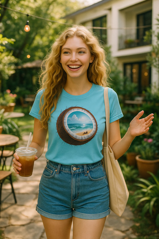 Coconut Beach Portal T-Shirt – Surreal Tropical Escape Graphic Tee