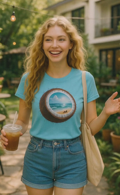 Coconut Beach Portal T-Shirt – Surreal Tropical Escape Graphic Tee