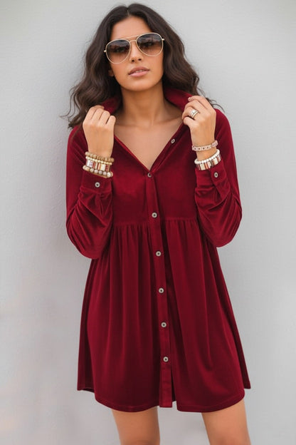 Full-Size Collared Neck Long Sleeve Button-Down Mini Dress – Burgundy