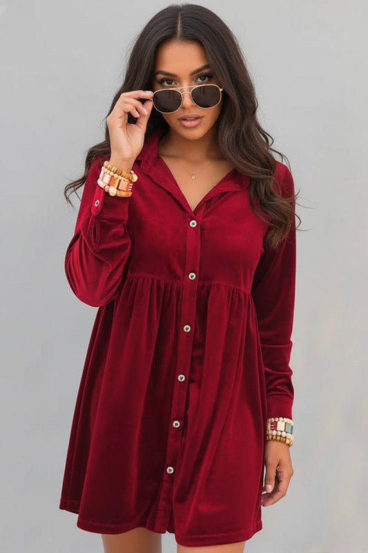 Full-Size Collared Neck Long Sleeve Button-Down Mini Dress – Burgundy