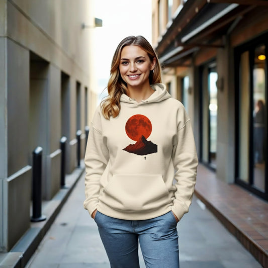 Buyaro™ Oversized Heavyweight Hoodie – Red Moon & Mountain Graphic